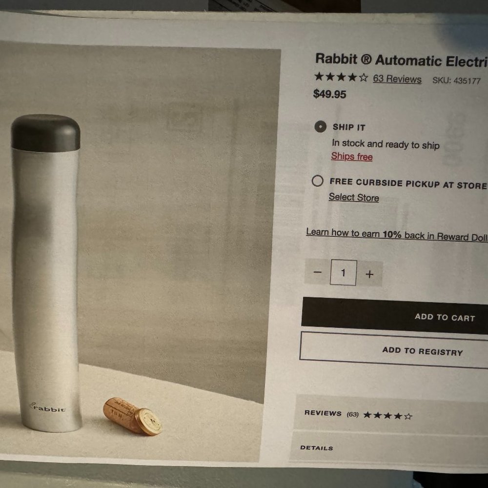 electric corkscrew automatic by Rabbit . Never used. In box